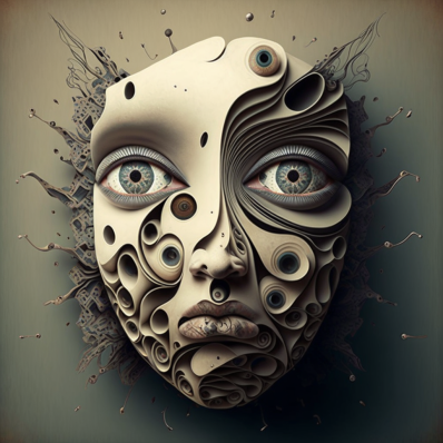 mascara con rostro humano con una inquietante mirada como si de repente se hubiera despertado. metafora de la idea de ciencia ficcion de la toma de consciencia de las inteligencias artificiales.