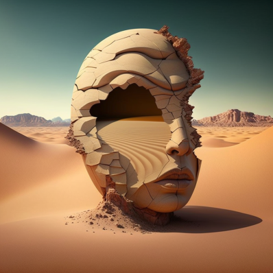 una imagen de una escultura hueca de un rostro humano con un fondo de dunas de arena y cielo despejado.